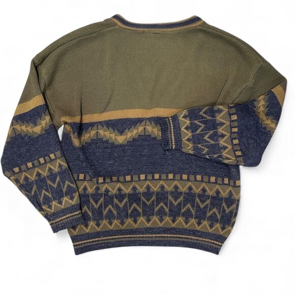 Vintage Bison Sweater Sz L Green Blue Button Cardigan Aztec Pattern Knit Retro - Picture 2 of 7